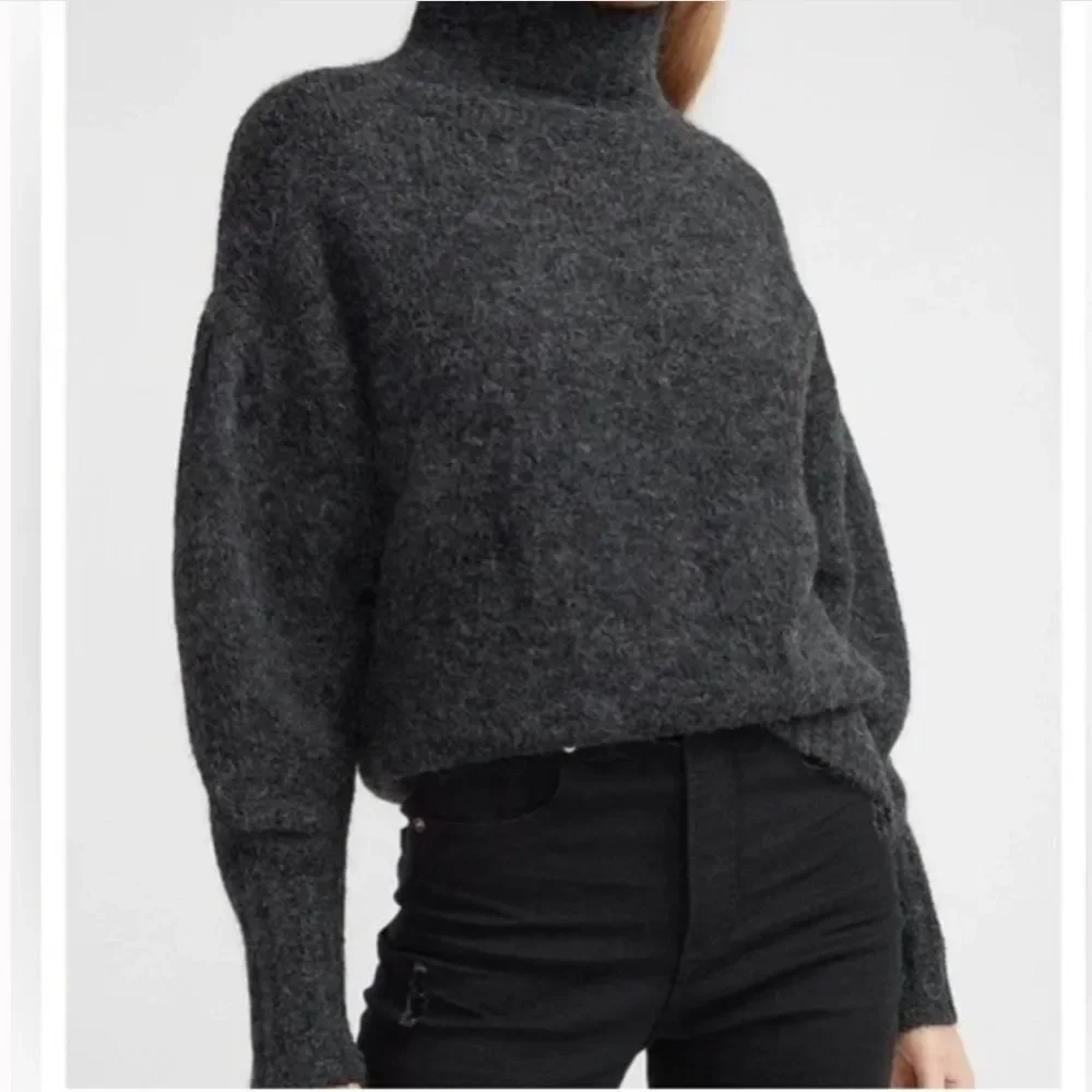 Express Dropped Puff Sleeve Mock Neck Sweater Charcoal Gray